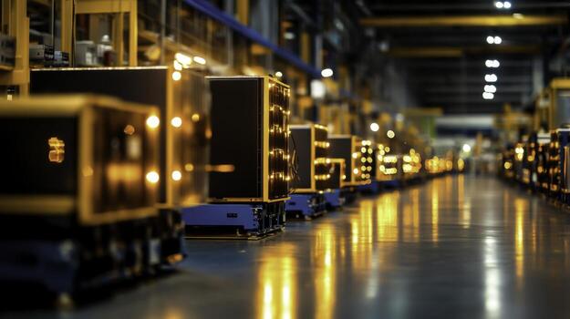 Modern Warehouse with Automated Carts and Bright Lights in Industrial Environment photo