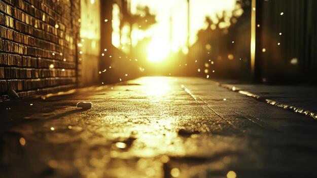 Warm Sunset Glow Illuminates Urban Pathway with Floating Particles of Light photo