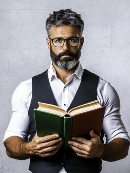 Confident Man with Glasses Reading a Book with Serious Expression in Modern Setting photo