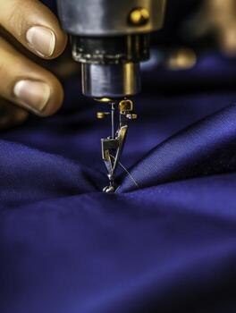 closeup of a Sewing Machine Needle Stitching a Deep Blue Fabric with a Hand in the Frame photo