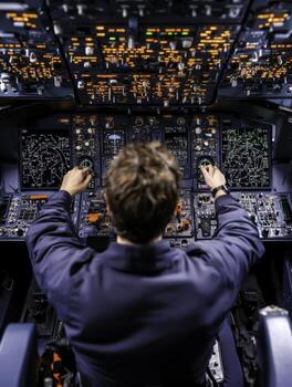 Pilot Operating Advanced Flight Control Panel in Modern Aircraft Cockpit photo