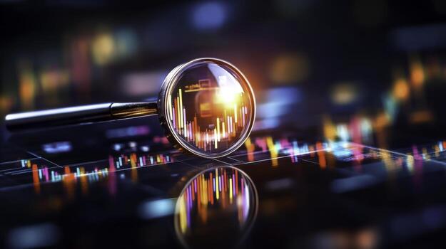 Financial Analysis with Magnifying Glass Over Charts Showing Growth and Data Trends photo