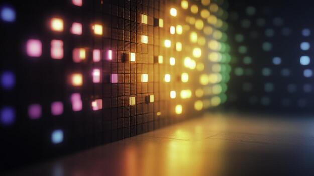 Colorful glowing squares on a dark wall creating a vibrant digital light display photo