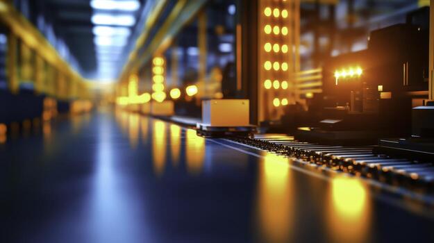 Futuristic Automated Production Line with Conveyors and Bright LED Lights in Factory Environment photo