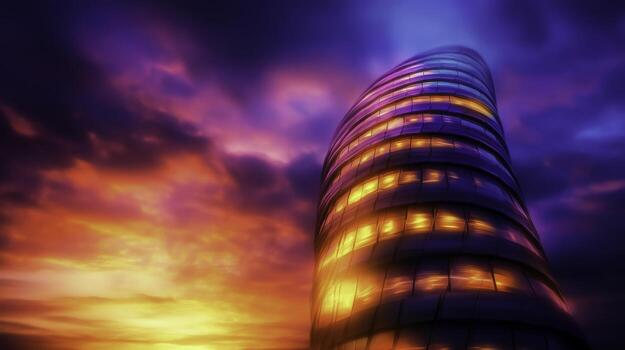Abstract architecture with vivid colors in dramatic sunset sky illuminating modern building photo