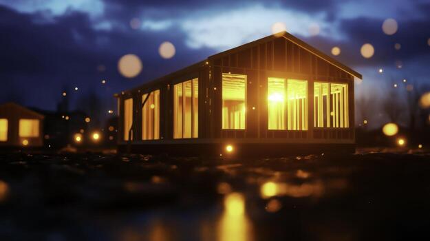 calentar iluminado casa modelo a oscuridad con brillante luces y estado animico Encendiendo efectos foto