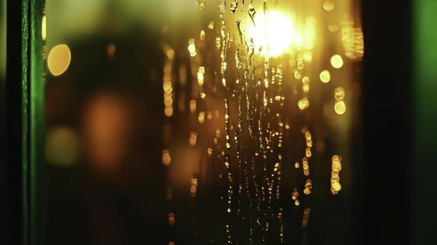 Beautiful Sunset Through Rainy Window with Glowing Bokeh Effect and Water Droplets photo