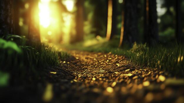 Serene Forest Pathway bathed in Golden Sunlight with Lush Greenery and Quirky Light Effects photo