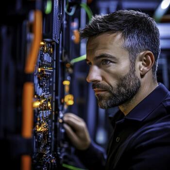 Man in Server Room Working on Data Connections and Technology Management Systems photo