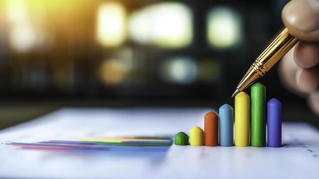 Colorful Bars Displaying Growth on Paper with Hand Holding Pen in Blurred Background photo