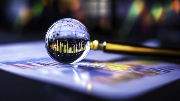 Clear Glass Sphere Reflecting Colorful Data Charts and Graphs on Paper Surface photo