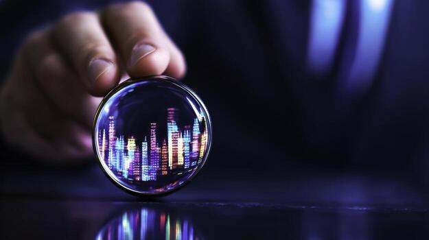 Modern Business Vision with Glass Sphere Displaying Colorful Cityscape and Data Visualization photo