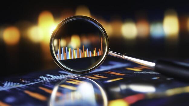 Magnifying Glass Over Colorful Data Visualization with Blurry Lights Background photo