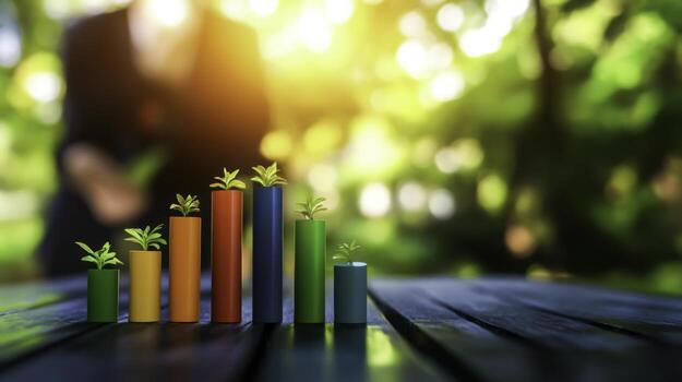 Growth Concept with Colorful Bars and Green Plants in Nature Background photo