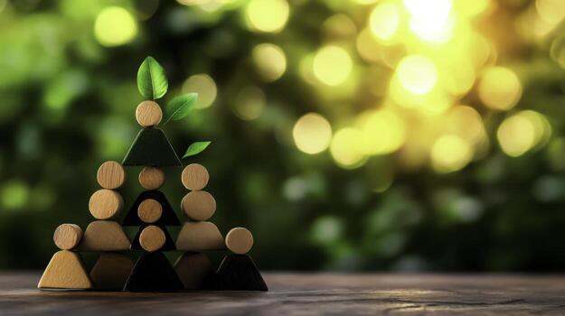 Wooden pyramid with figures and leaves symbolizing teamwork and growth on natural background photo