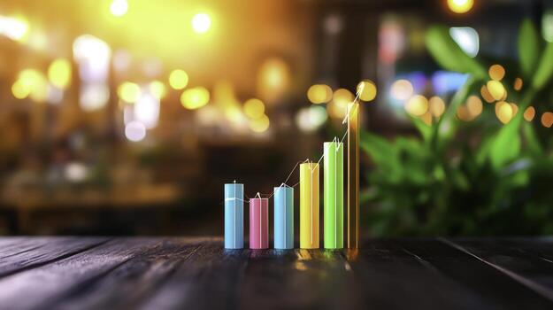 Vibrant Colorful Bar Graph on Wooden Table with Blurred Background of Lights and Plants photo