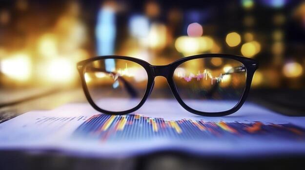 Glasses on Chart with City Lights in the Background, Focus on Business and Analysis photo