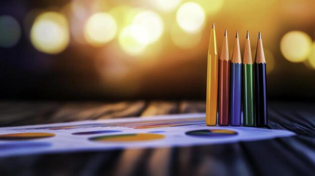 Colorful pencils arranged creatively with a blurred background of warm lights photo