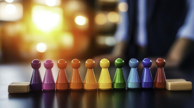 Colorful Wooden Game Pieces Arranged in a Row on Table with Blurred Background photo