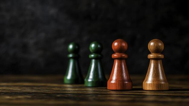 Colorful wooden game pieces on rustic wooden table with dark background for board game themes photo