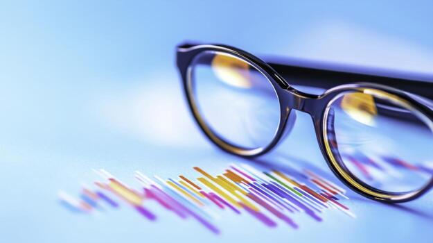 Stylish Glasses Resting on a Colorful Graph with a Bright Blue Background photo