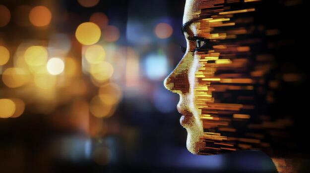 Profile of a woman with digital effects and bokeh lights in a vibrant urban background photo