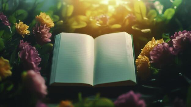 Open Blank Book Surrounded by Colorful Flowers and Soft Glowing Light in Nature photo