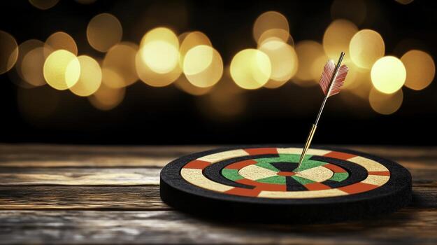 Dart Arrow Hitting Target Center of Dartboard with Glowing Background Bokeh Lights photo