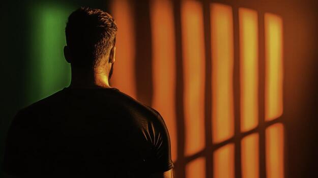 Back view of a man standing in dim light, shadows creating a colorful background effect photo