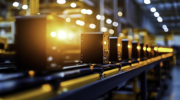 industrial transportador sistema con iluminado cajas en un fabricación instalaciones foto