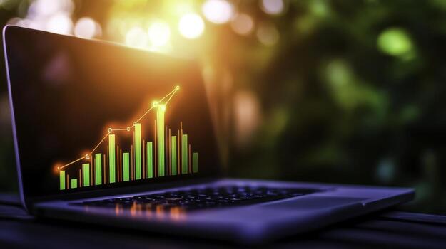 Laptop Displaying Rising Graph in Natural Light, Focus on Financial Growth and Analysis photo