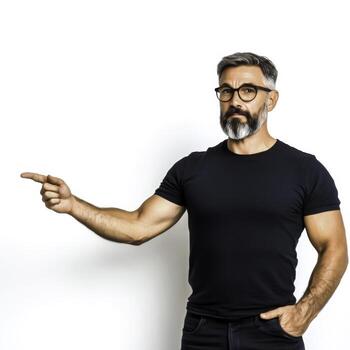 Confident young man in casual attire pointing to the side with a thoughtful expression photo