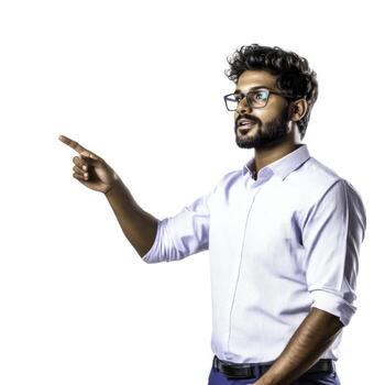 Young man in glasses pointing and explaining in a modern office environment with enthusiasm photo