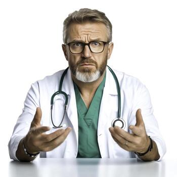 Doctor with Stethoscope Displaying Concern While Sitting at a Table in Bright Medical Office photo