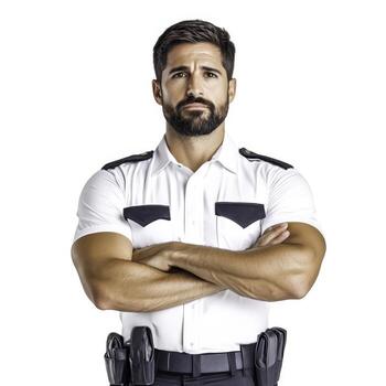 Confident Security Officer Standing with Arms Crossed in Professional Uniform Against White Background photo