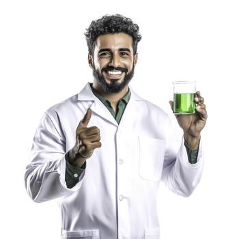 Smiling Scientist in Lab Coat Holding Green Liquid in Beaker with Thumbs Up Gesture photo