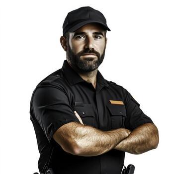 Confident Male Security Guard in Uniform with Arms Crossed and Serious Expression photo