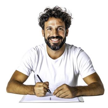 Smiling Man with Curly Hair Sitting at Desk Holding Pen Ready to Write in Bright Setting photo