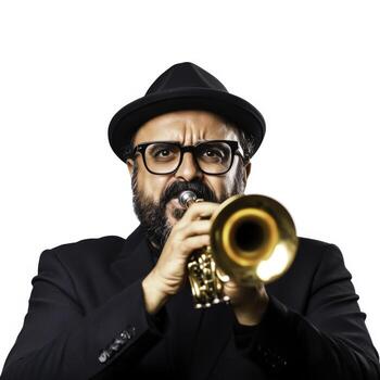 Jazz Musician Playing Trumpet with Passion in Modern Studio Setting photo