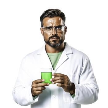 Scientist in Lab Coat Holding Test Tube with Green Liquid, Focused Look, Laboratory Environment photo