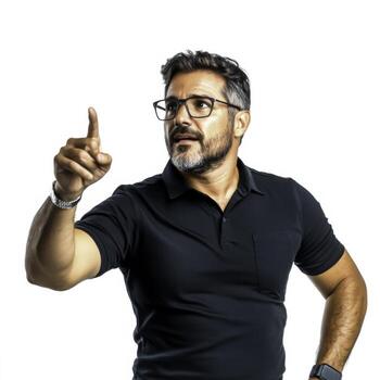 Confident Man Pointing with Hand Gesture in Casual Attire on White Background photo