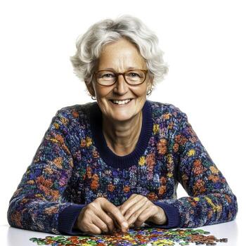 Smiling Senior Woman Engaging in Creative Activity with Colorful Puzzle Pieces on White Background photo