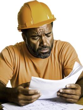 Concerned construction worker reviewing blueprints in hard hat with focused expression photo