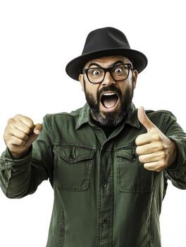 Excited man with beard and glasses showing thumbs up gesture against white background photo