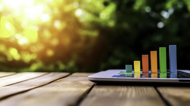 Colorful Bar Graph on Tablet With Natural Background and Warm Light for Business Analysis photo
