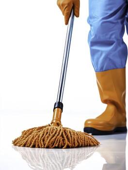 Cleaning Professional with Mop in Orange Gloves and Boots on White Background for Hygiene Task photo