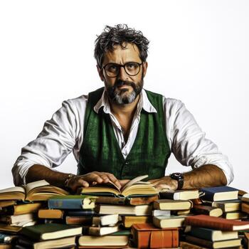 Intellectual man surrounded by books, engaging with literature in a thoughtful setting photo