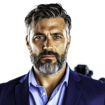 Confident Man in Formal Attire with Stylish Beard Posing Against a White Background photo