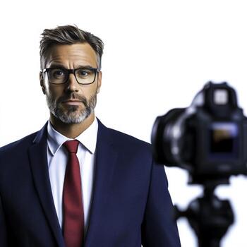 Professional male in suit with glasses poses in front of camera for a corporate photography session photo