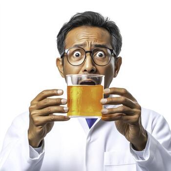 Surprised Scientist Holding Orange Liquid in Laboratory Glassware with Shocked Expression photo